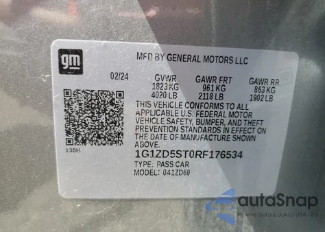 2024 Chevrolet Malibu Lt z USA, uszkodzony, nr VIN 1G1ZD5ST0RF176534